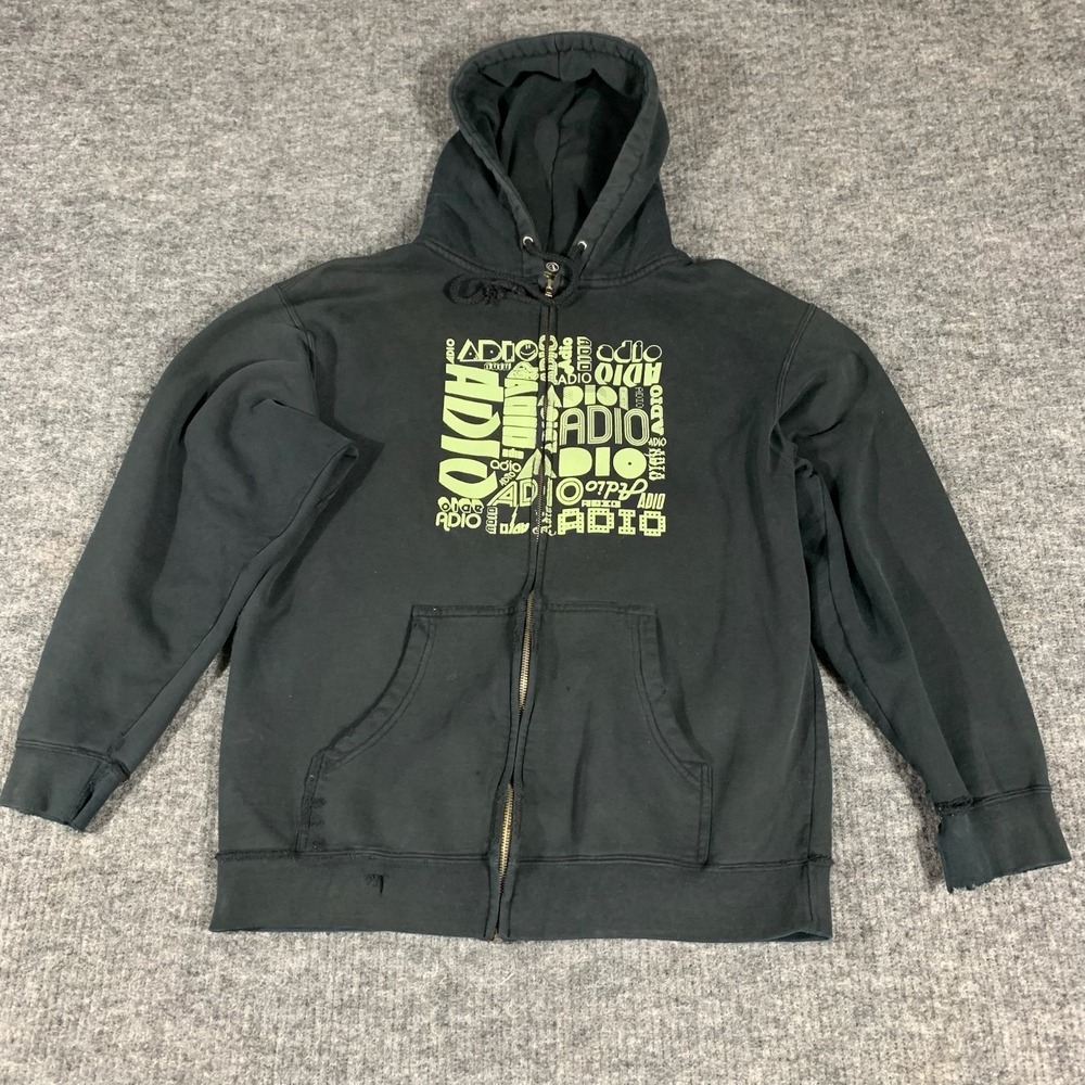 Vintage Adio Hoodie Mens Medium Black Full Zip Skate Y2K Sweatshirt Distressed